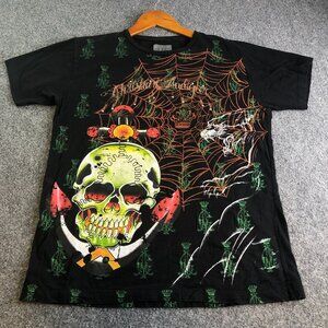 Christian Audigier Shirts Mens Large AOP Short Sleeve Skull Money Spider